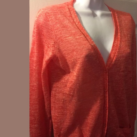 J. CREW Marled Linen Knit Cardigan Sweater Coral Pink Orange VNeck Layering Knit - Picture 3 of 10